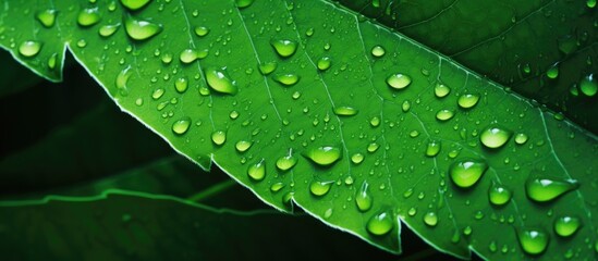 Poster - Leaf texture featuring water droplets on a vibrant green surface, ideal for copy space image.