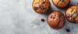 © HN Works - Top view of delectable sweet muffins on a light grey textured surface with a blank area for text, ideal for a copy space image.