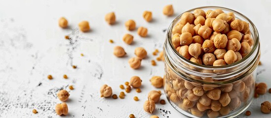 Poster - Glass jar containing dry chickpeas for vegans displayed on a white background with copy space image for text; nutritious high-protein and carbohydrate source, shown in close-up.