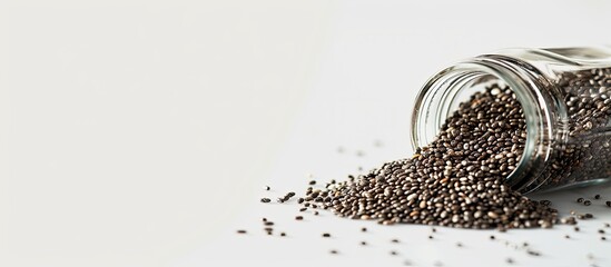 Sticker - Chia seeds scattered from a toppled glass jar, with the lid visible in the backdrop against a white background, creating a copy space image.