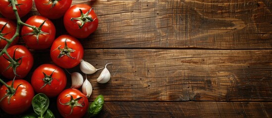 Wall Mural - Fresh tomatoes and garlic arranged on a wooden surface, viewed from above with a copy space image available.