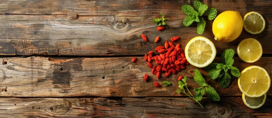 Canvas Print - Rustic wooden backdrop for homemade goji tea with mint, lemon, and copy space image