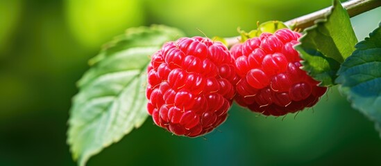 Aufkleber - A vibrant red raspberry on a branch in a sunny macro photo, with a blurred background providing space for text, ideal for cards, posters, or website decoration.
