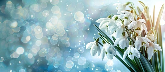 Wall Mural - Snowdrops bouquet on a sparkling bokeh background with copy space image.