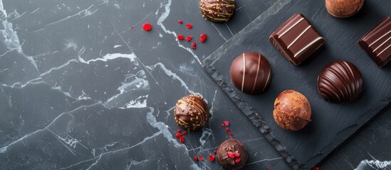 Poster - Closeup image of various delicious chocolate candies on a slate plate with copy space image.