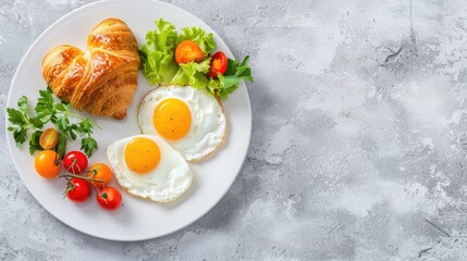 Wall Mural - Two sunny side up eggs, a croissant, cucumber slices, and tomato halves are arranged on a white plate