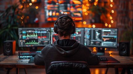 Fototapete - A person sits at a desk in a dimly lit room working on a computer with two monitors. String lights are visible in the background, creating a warm glow.
