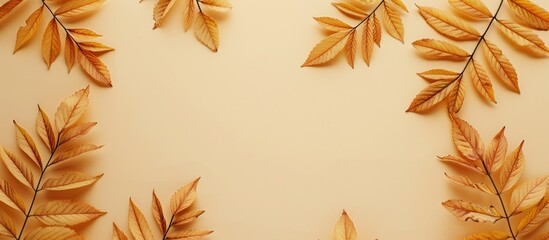 Poster - A flat lay view of autumn rowan leaves in golden hues displayed on a beige backdrop with ample copy space, symbolizing the essence of the fall season.