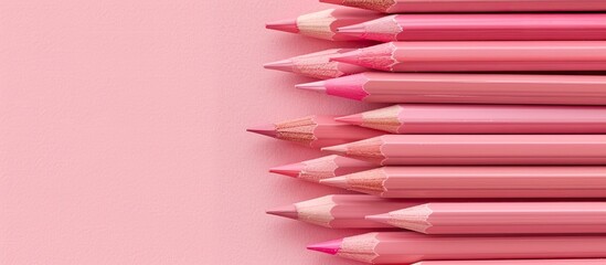 Poster - Variety of pink tone colored pencils arranged on a pastel pink background, illustrating a back to school concept with copy space image.