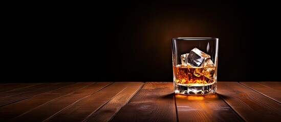 Poster - A luxurious glass of whiskey with ice sits elegantly on a wooden table against a backdrop of empty space for text or other images.
