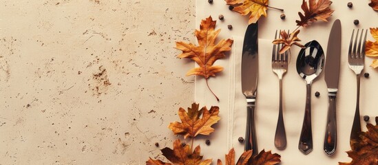 Aufkleber - Above view of fall-themed table setting with golden oak leaves, cutlery on beige backdrop; banner with copy space image available.