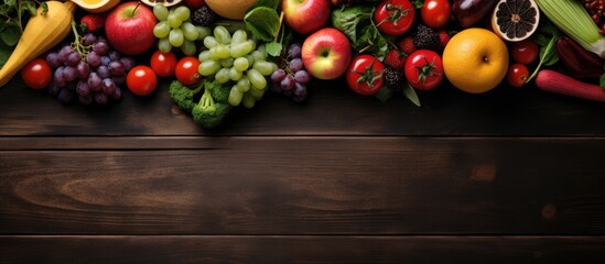 Poster - Fresh fruits and veggies displayed on a dark wooden surface from above, creating a scenic copy space image.