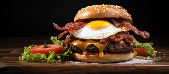 Poster - Delicious American beef, egg, and bacon burger presented in a restaurant setting on a rustic wooden table, showcasing its gourmet appeal with copy space image.