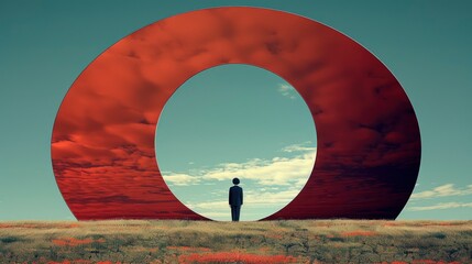 Wall Mural -  Minimalist, surreal digital art of a giant magnifying glass, standing in an empty field, muted colors,