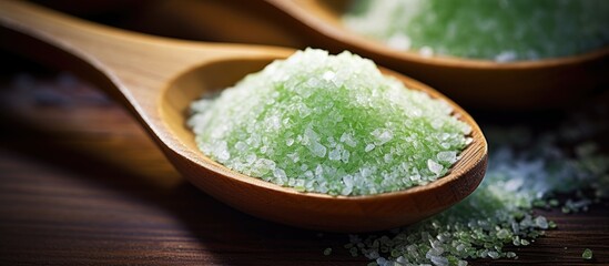 Poster - Close-up of green bath salt displayed in wooden spoons with copy space image.