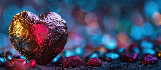 Sticker - Colorful chocolate heart with a chocolate wrapper on Valentine's Day, featuring an engaging copy space image.