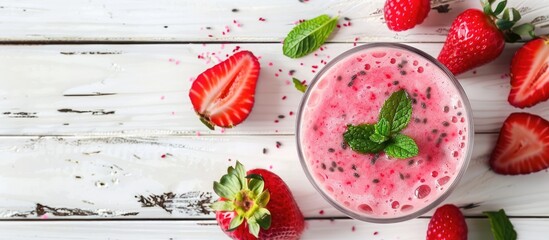 Poster - A tasty pitahaya smoothie with mint and fresh fruit displayed on a white wooden table in a flat lay style, with room for text in the image.