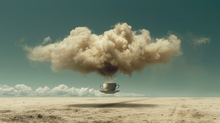 Wall Mural -  Minimalist, surreal digital art of a giant teacup, floating in the sky over a desert, muted colors,