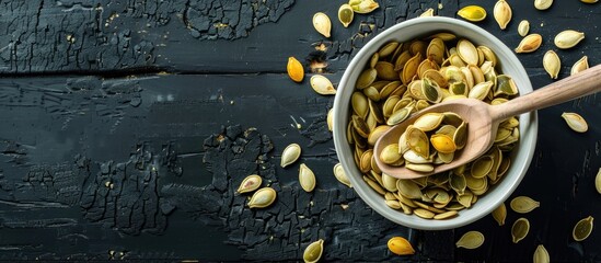 Poster - Close-up of pumpkin seeds in a white bowl with a wooden spoon on a black wooden background, with ample copy space image.