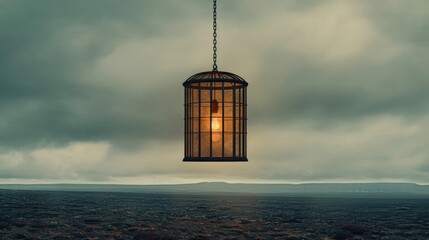 Wall Mural -  Minimalist, surreal digital art of a lone birdcage, suspended in mid-air above a desert plain, muted colors,