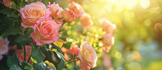 Wall Mural - Brightly lit pink and yellow roses in sunlight, in a postcard-style composition with a blurred green backdrop, ideal for a copy space image.