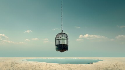 Wall Mural -  Minimalist, surreal digital art of a lone birdcage, suspended in mid-air above a desert plain, muted colors,