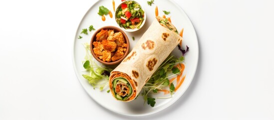Poster - A tortilla roll filled with fish fingers, cheese, and veggies on a plate against a white backdrop in a top-down flat lay view with room for text and a copy space image.