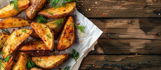 Poster - Top-down view of salted and dilled potato wedges on white paper against a background of dark wood, with copy space image.