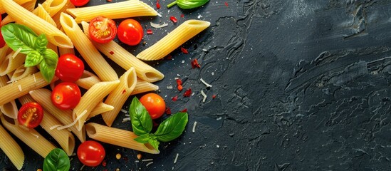 Poster - A top-down shot of penne rigate pasta with cherry tomatoes and basil on a dark, textured background, featuring a designated area for text and allowing for customization with a copy space image.