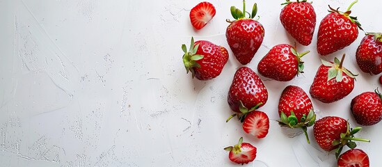 Poster - Fresh strawberries with bite marks, set on a white background, offer ample copy space image.