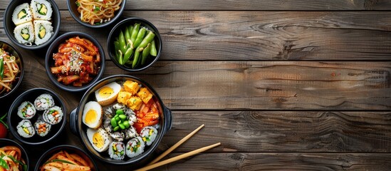 Poster - Aerial view of Korean side dishes in bowls beside chopsticks and gimbap on a wooden table with copy space image.