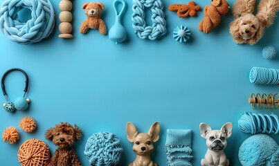 frame border made of pet toys accessories, grooming supplies on blue background flat lay top view.stock photo