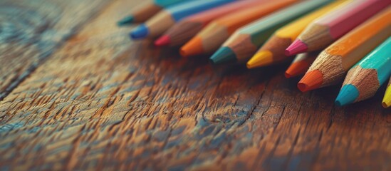 Poster - Colorful color pencils placed on a wooden background, with selective focus and space for text, create an education-themed image.