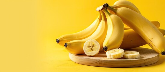 Poster - A cluster of bananas and a sliced banana on a wood board isolated on a yellow backdrop with a copy space image.