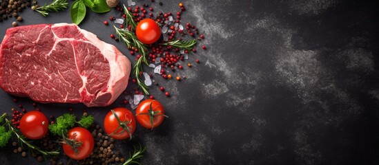 Aufkleber - A succulent uncooked beefsteak being prepared in a kitchen, with basil leaves, tomatoes, and spices placed on a marble surface, creating a delectable and juicy copy space image up close.
