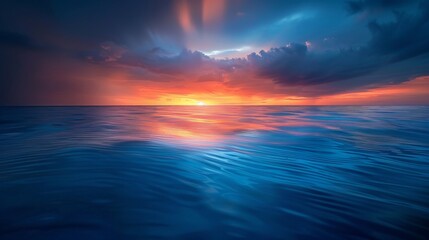A mystical ocean scene, calm waves, twilight sky, vivid sunset colors