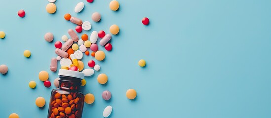 Aufkleber - Colorful tablets and capsules scattered from a pill bottle in a top view, showcasing an arrangement with copy space image.