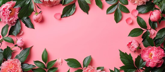 Aufkleber - Peony flowers and green leaves arranged on a soft pink backdrop create a greeting card theme featuring a copy space image.
