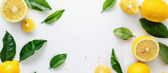 Poster - Top view of vibrant, fresh lemon with green leaves on a white background, ideal for food concepts, offering ample copy space image.