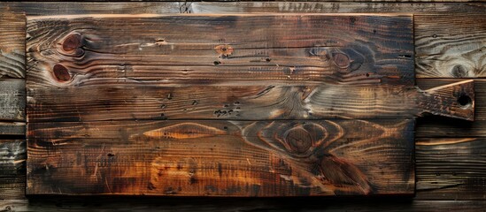 Sticker - Top view of an aged wooden cutting board on a rustic wooden backdrop, with copy space image.