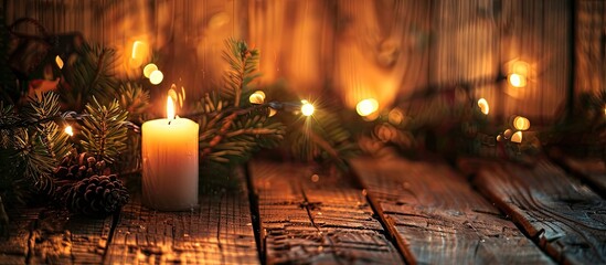 Aufkleber - A warm-toned Christmas light illuminates a candle against a wooden backdrop, creating a cozy ambiance with copy space image.