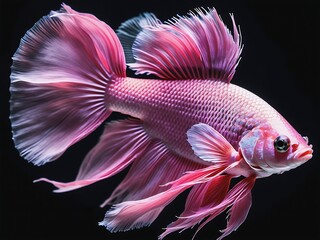 Wall Mural - Elegant white and pink half moon betta fish. Beautiful movement of Siamese fighting fish, Betta splendens, Halfmoon Betta isolated on black background.