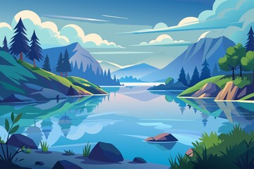 Wall Mural - Watercolor scenery of peaceful lake, set in serene and calming environment, with subtle blue tones and soft shadows, peaceful, watercolor, calming, scenery