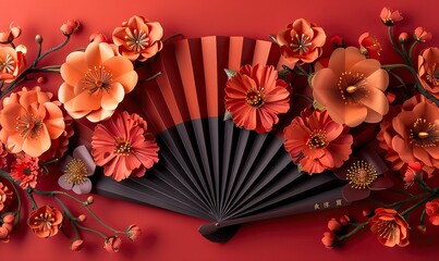 Wall Mural - chinese new year festive paper fans, gold flowers on red background.image