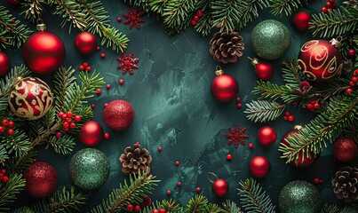 Wall Mural - green christmas background, green, red ornaments, decorations top view christmas frame new year greeting card template.stock image