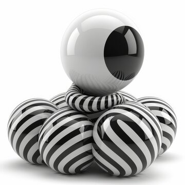 A visually striking 3D rendering featuring black and white striped balls with a glossy black ball atop, set against a white backdrop, creating a dynamic composition that plays with light and shadow