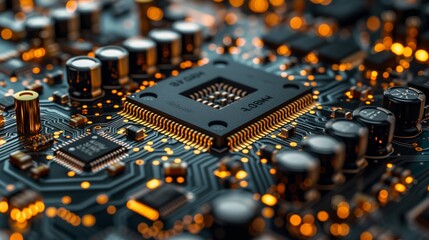 Poster - A close-up shot of a microchip on a circuit board, showcasing the intricate details of the electronic components.