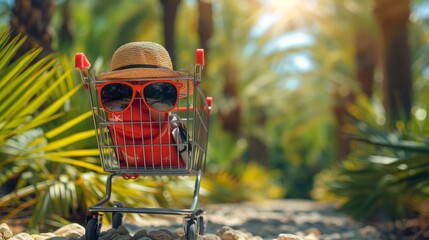 Canvas Print - A shopping cart filled with colorful beach gear and summer essentials, isolated on a sunny, tropical background, capturing the spirit