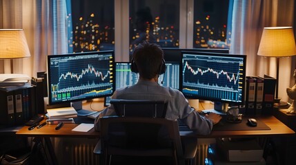 Fototapete - A trader works late at night, monitoring stock charts displayed on multiple computer monitors.