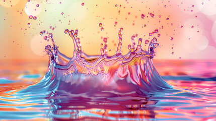 Wall Mural -  captures the dynamic moment of a water splash ,Vibrant Liquid Water With Drops, Bubbles, And Digital Splash On Colorful Backdrop, Copy Space